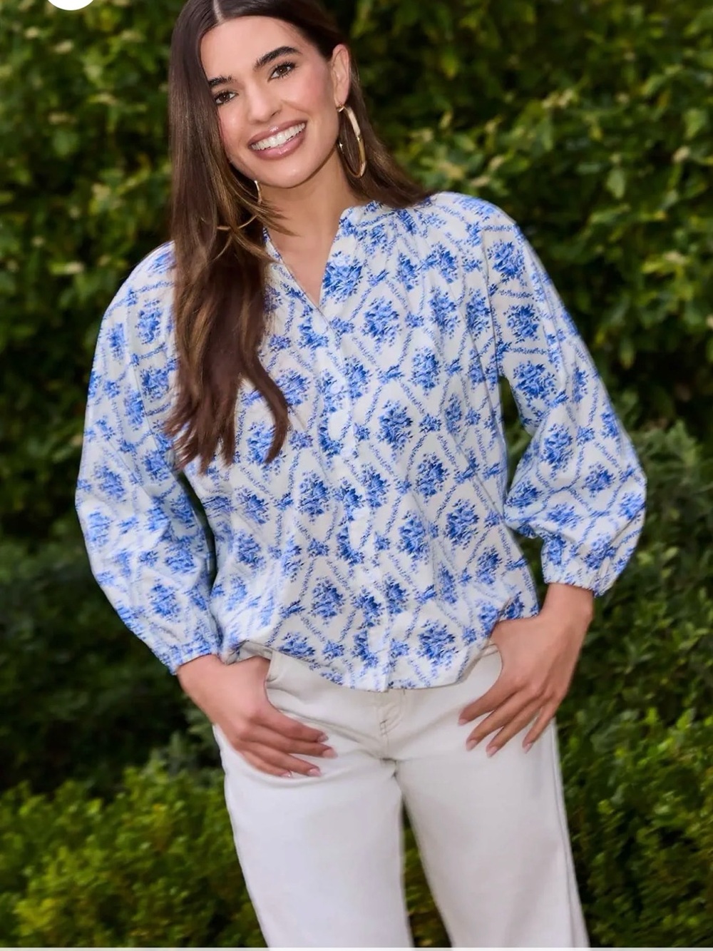 Blue & White Floral-Print Balloon-Sleeve Blouse